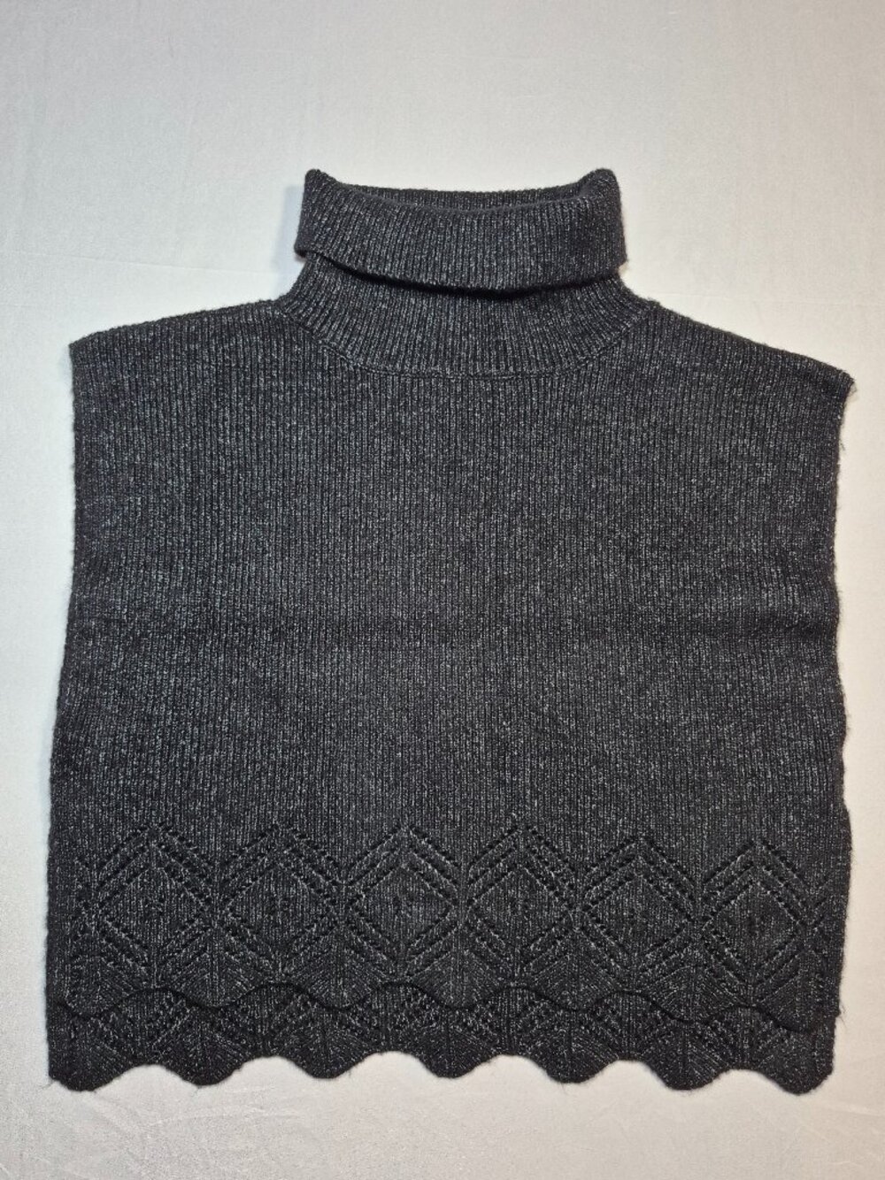 Sasso + Smyth Knit Turtleneck Poncho Black O/S  Side Slit Scalloped Topper Vest